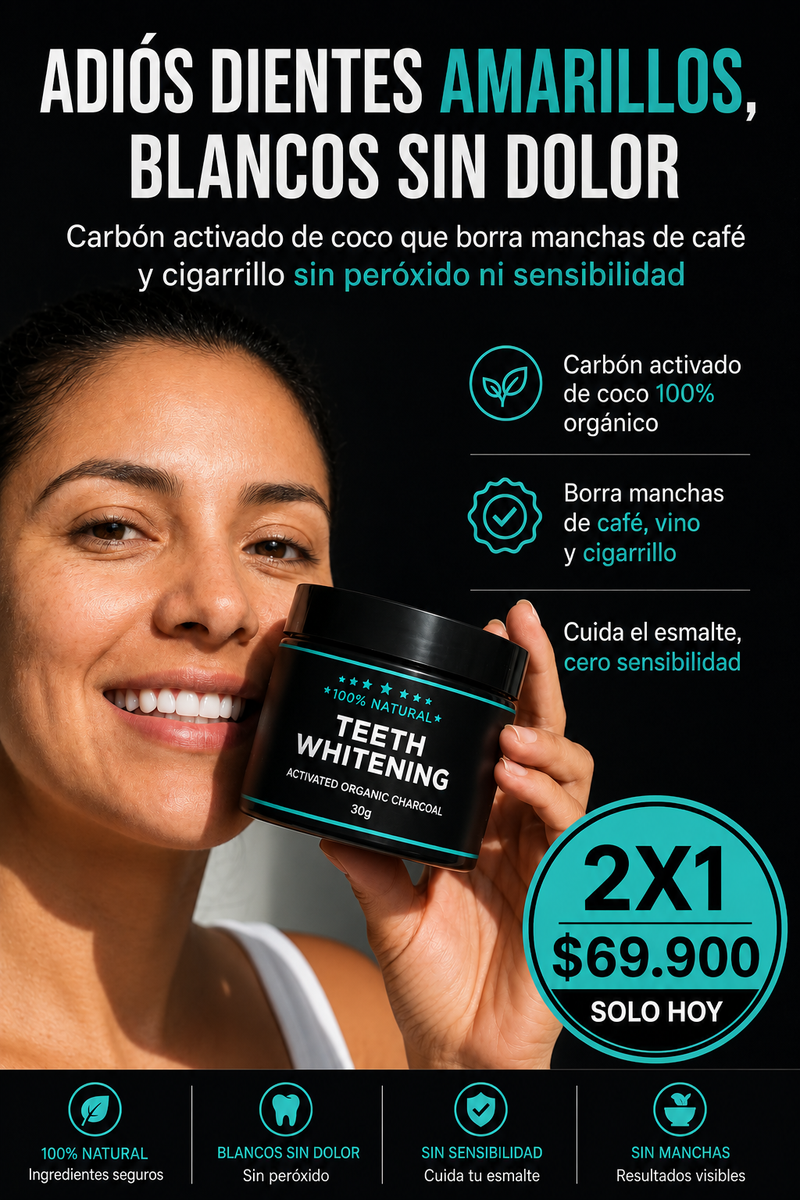Blanqueamiento dental natural con carbon activado, oferta 2x1