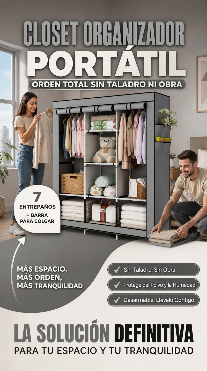 Closet organizador portatil armado con ropa colgada y doblada
