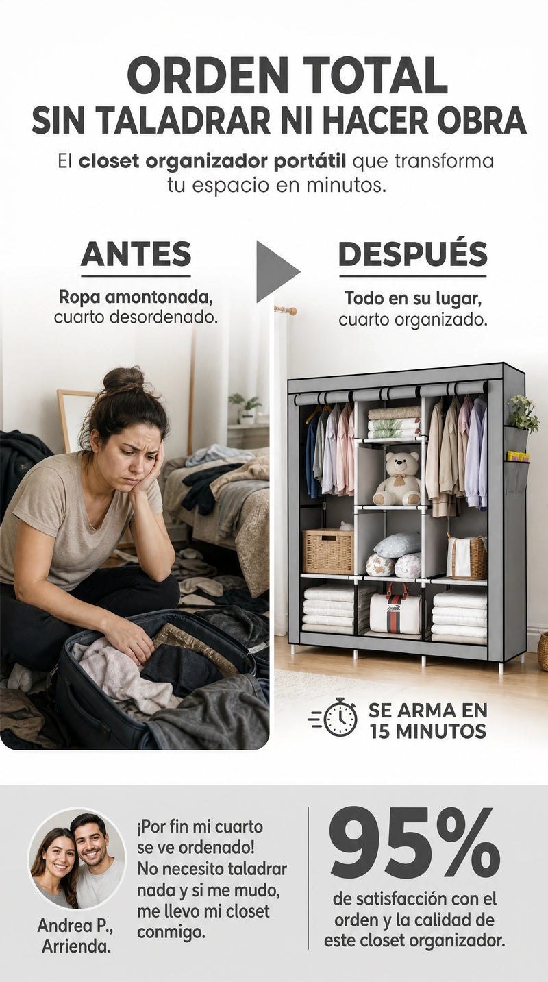 Antes y despues: cuarto desordenado y cuarto organizado con el closet