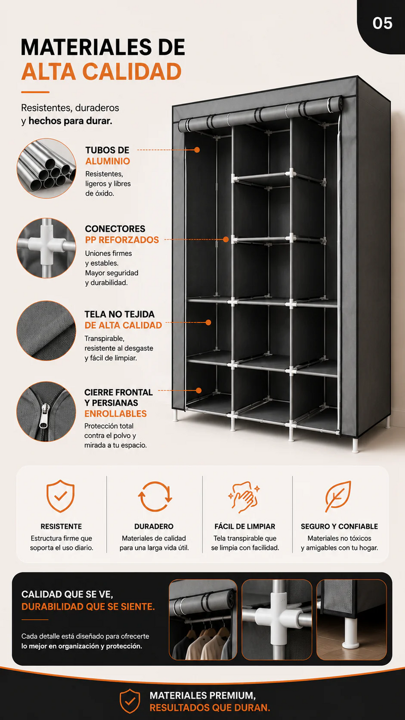 Materiales del closet: aluminio, conectores reforzados y tela resistente